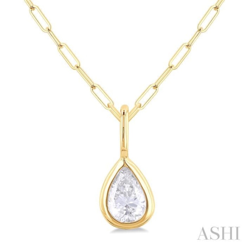 1/5 ctw Pear Cut Bezel Set Diamond Fashion Pendant With Paperclip Chain in 14K yellow Gold