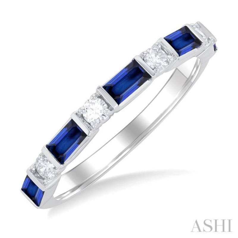 4X2 MM Baguette Cut Sapphire and 1/5 ctw Art Deco Round Cut Diamond Precious Band in 14K White Gold