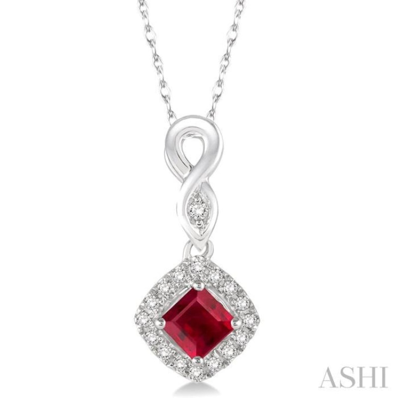 4×4 MM Cushion Shape Ruby and 1/10 ctw Round Cut Diamond Pendant in 10K White Gold with Chain