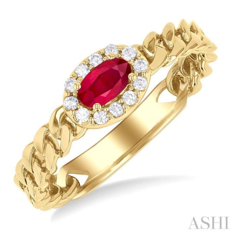 5×3 MM Oval Cut Ruby and 1/10 ctw Curb & Cuban Link East-West Round Cut Diamond Halo Precious Ring in 10K Yellow Gold