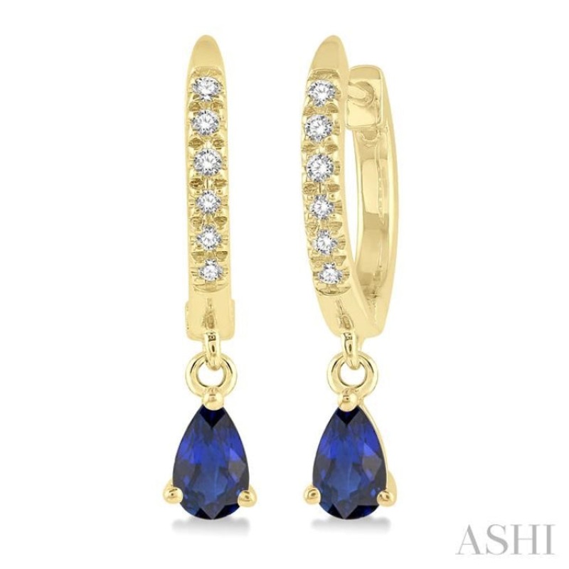 5×3 MM Pear Cut Sapphire and 1/8 ctw Round Cut Diamond Petite Fashion Huggie Earrings in 14K Yellow Gold