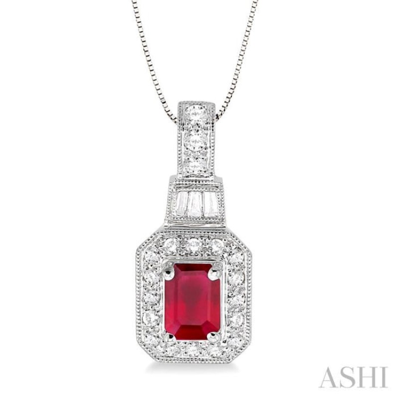 6×4 MM Octagon Cut Ruby and 1/4 Ctw Round and Baguette Cut Diamond Pendant in 14K White Gold with Chain