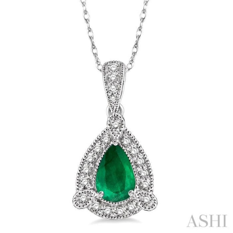 6×4 MM Pear Shape Emerald and 1/10 ctw Round Cut Diamond Pendant in 10K White Gold with Chain