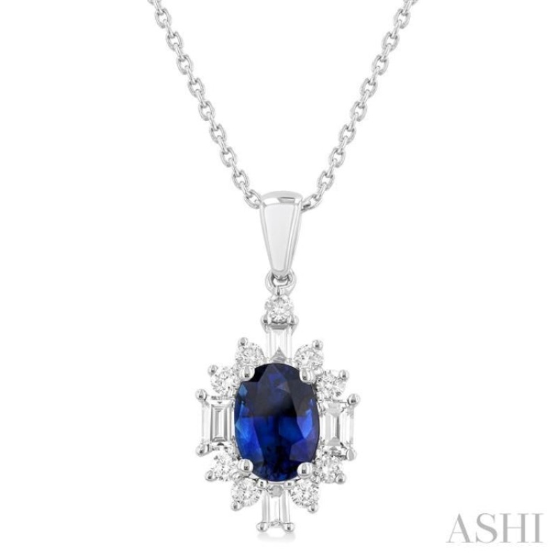 7×5 MM Oval Cut Sapphire and 3/8 ctw Baguette & Round Cut Diamond Halo Precious Pendant With Chain in 14K White Gold