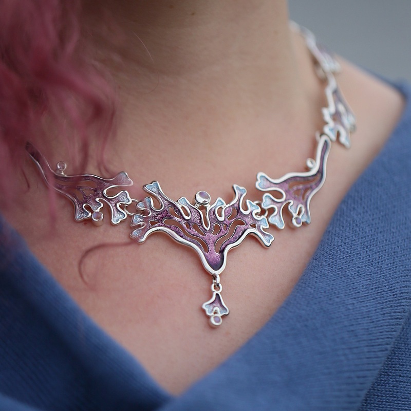 Sea Moss Moonstone X-Large Statement Necklace in Sea Pink Enamel