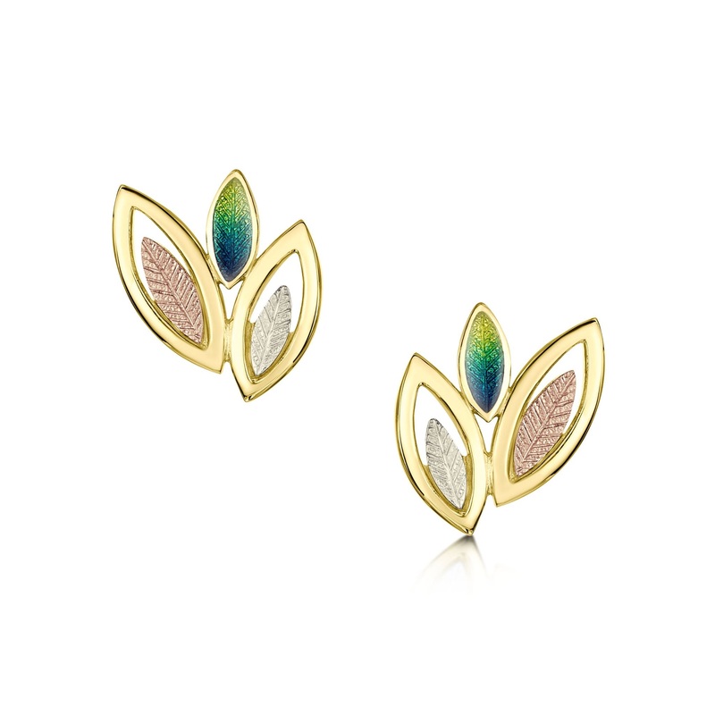 Seasons Spring Enamel 3-leaf Stud Earrings in 18ct Yellow, White & Rose Gold