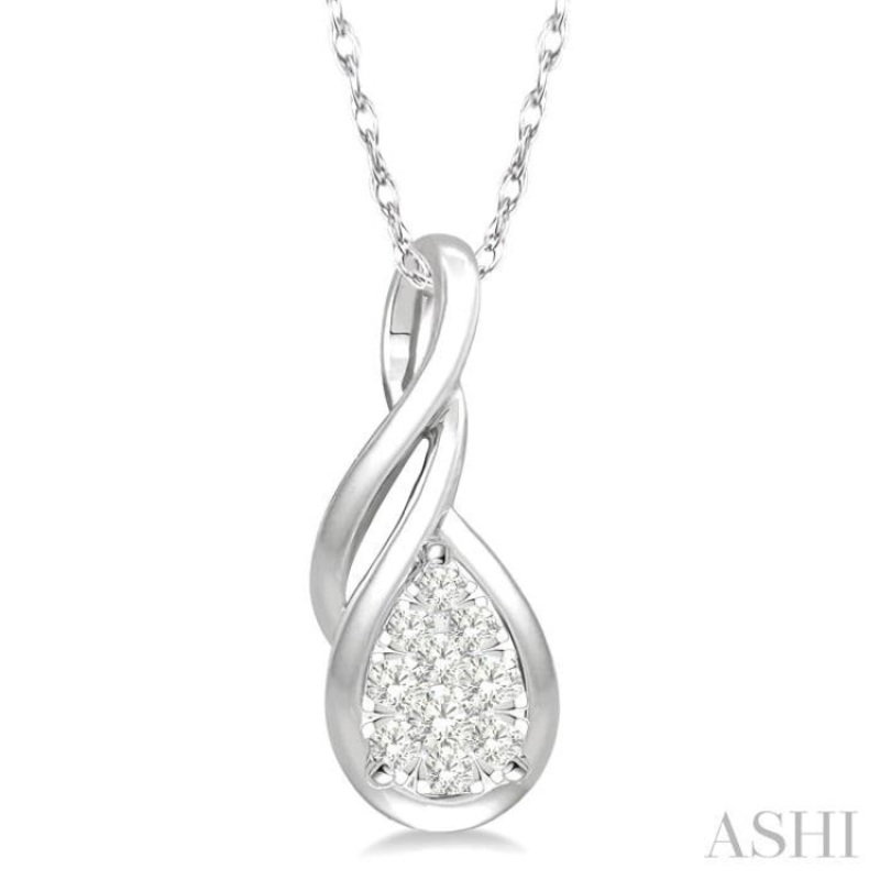 1/8 ctw Pear Shape Lovebright Entwined Wire Round Cut Diamond Pendant With Link Chain in 14K White Gold