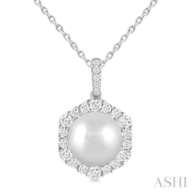 10 MM Cultured Pearl and 5/8 ctw Hexagon Shape Round Cut Diamond Pendant With Chain in 14K White Gold