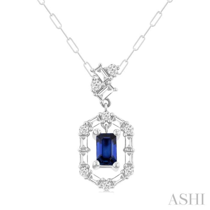 5×3 MM Emerald Cut Sapphire and 1/3 ctw Baguette & Round Cut Diamond Precious Fashion Pendant With Chain in 14K White Gold