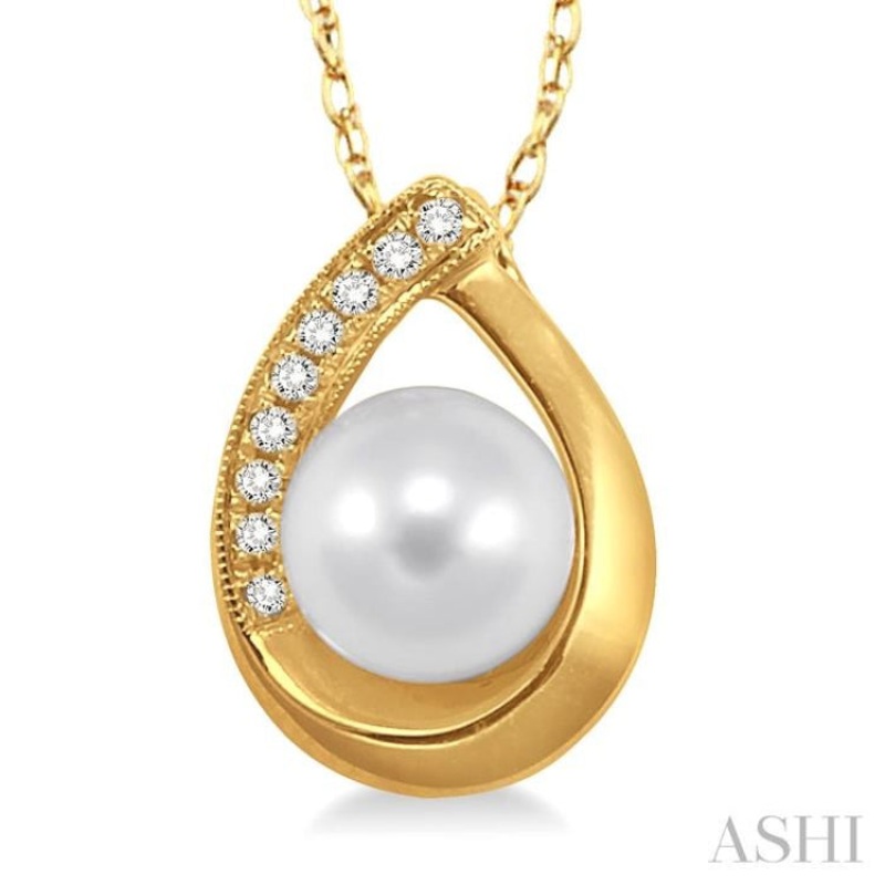 6.5 MM Round Shape Cultured Pearl and 1/20 ctw Round Cut Diamond Pendant in 10K Yellow Gold with Chain