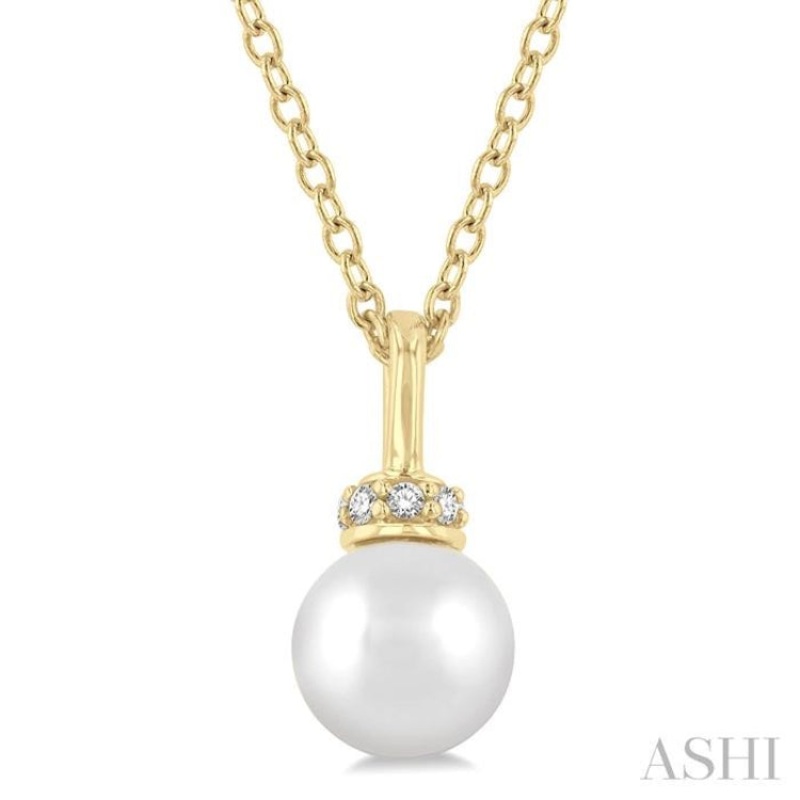 6 MM Round Shape Cultured Pearl and 1/20 ctw Petite Round Cut Diamond Crown Fashion Pendant With Chain in 10K Yellow Gold