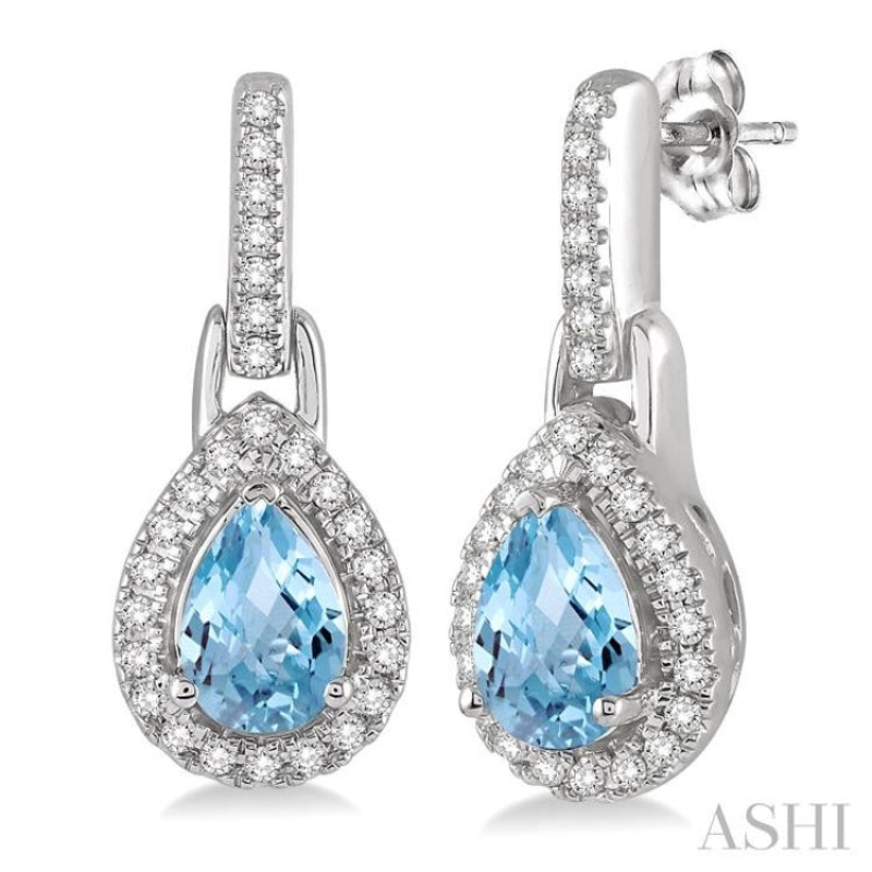 6×4 MM Pear Shape Aquamarine and 1/5 Ctw Round Cut Diamond Earrings in 10K White Gold