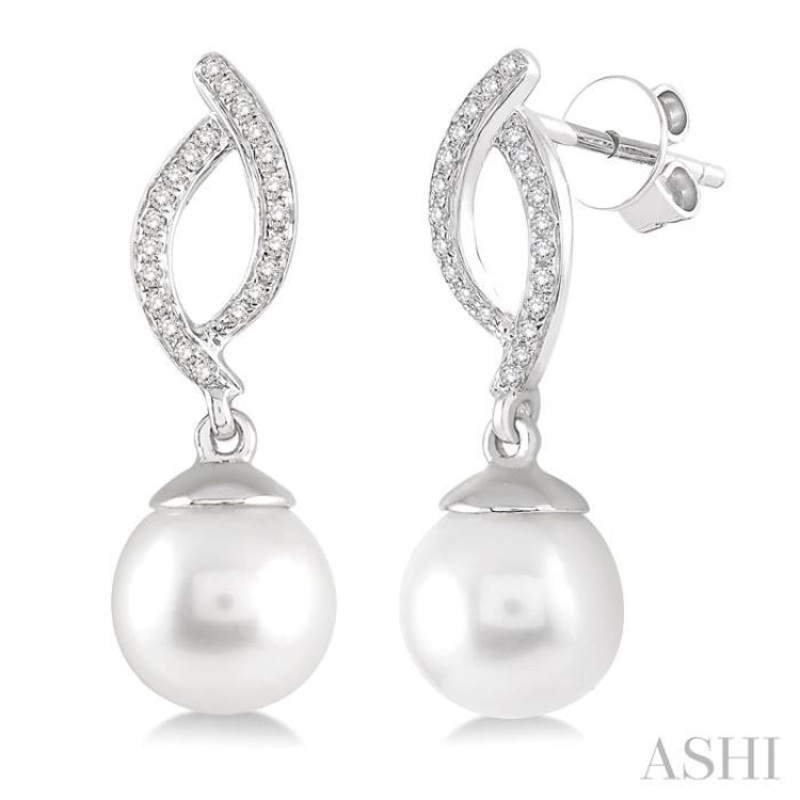7×7 MM Round Cut Cultured Pearls and 1/6 ctw Round Cut Diamond Earrings in 14K White Gold