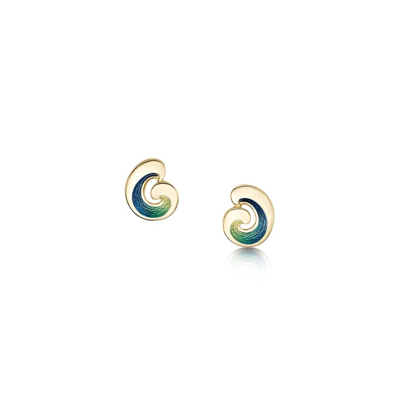 Wave Enamel Small Stud Earrings in 18ct Yellow Gold