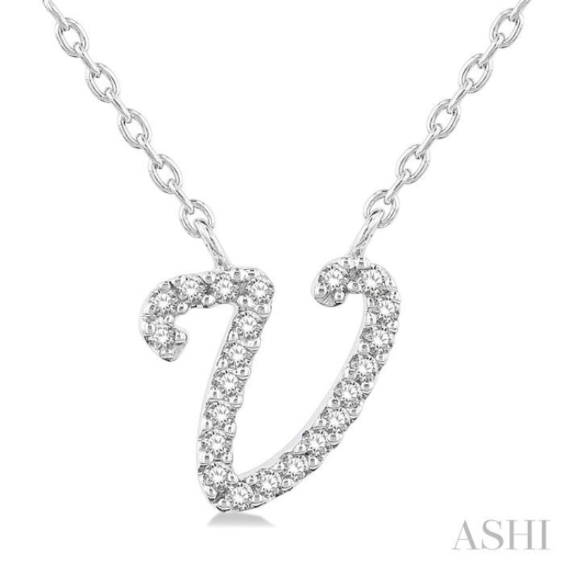1/20 Ctw Initial ‘V’ Round cut Diamond Pendant With Chain in 10K White Gold