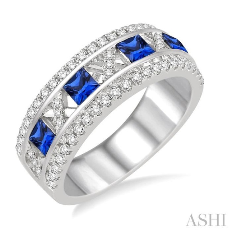 3×3 MM Princess Cut Sapphire and 3/8 Ctw Round Cut Diamond Ring in 14K White Gold
