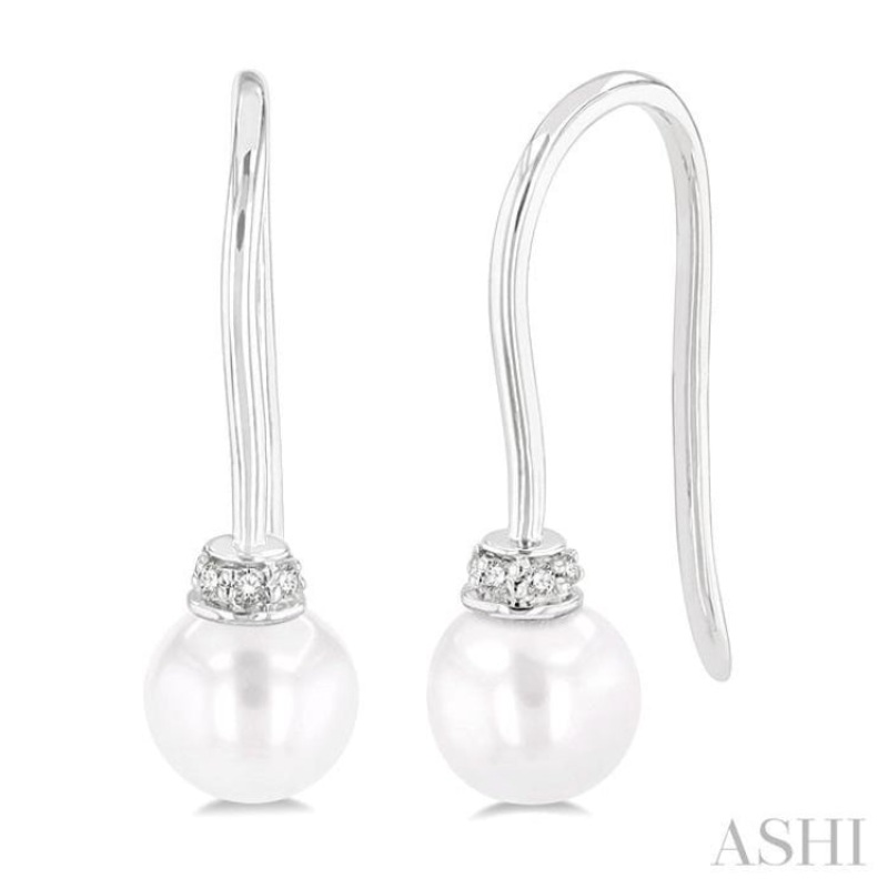 5.5 MM Round Shape Cultured Pearls and 1/20 ctw Round Cut Diamond Petite Fashion Earring in 10K White Gold