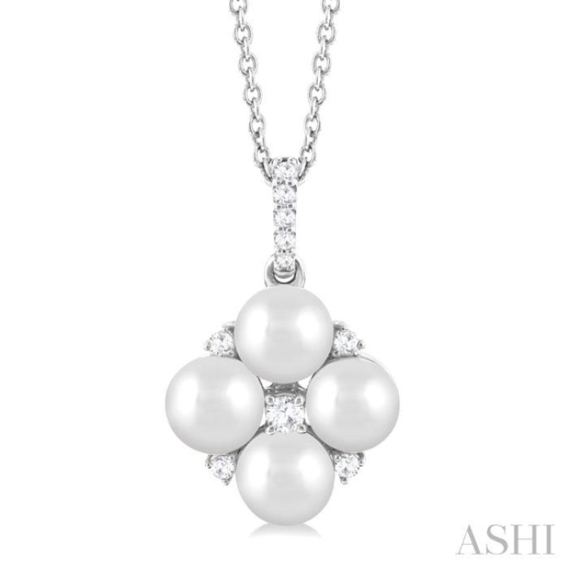 5×5 MM Round Shape Floral Cultured Pearls and 1/10 ctw Round Cut Diamond Fashion Pendant With Chain in 10K White Gold