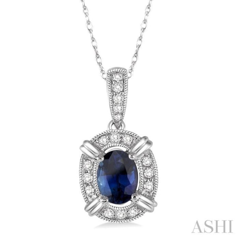 6×4 MM Oval Cut Sapphire and 1/10 Ctw Single Cut Diamond Pendant in 10K White Gold with Chain