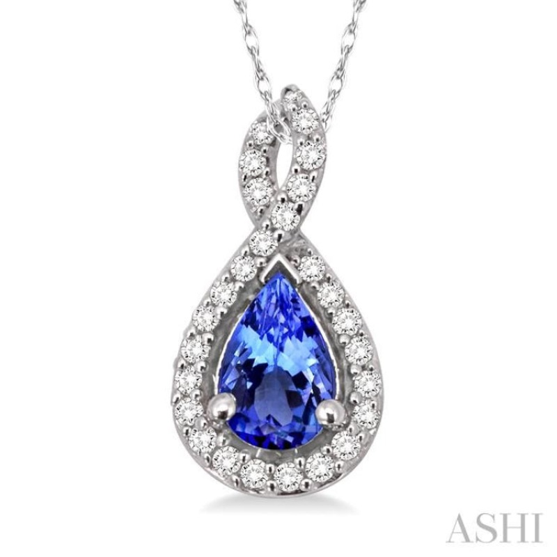 6x4MM Pear Shape Tanzanite and 1/10 Ctw Round Cut Diamond Pendant in 14K White Gold with Chain