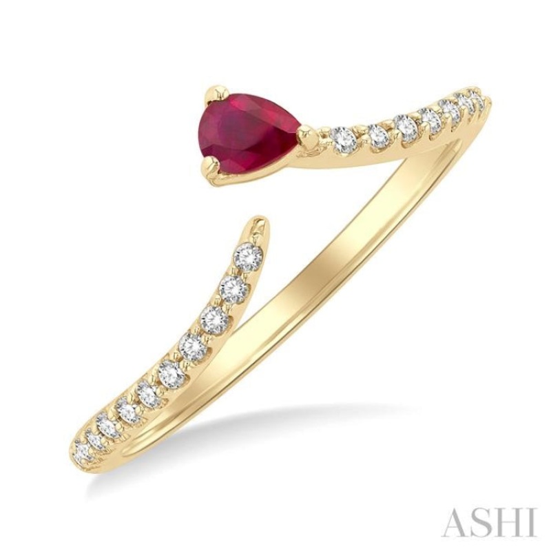 4X3 MM Pear Cut Ruby and 1/10 ctw Petite Round Cut Diamond Precious Fashion Ring in 10K Yellow Gold