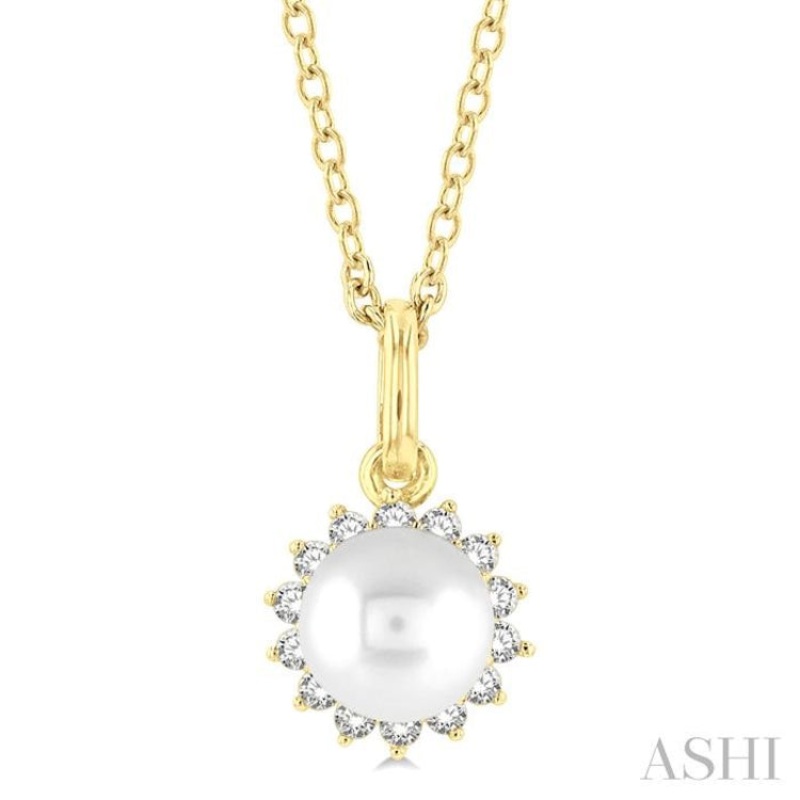 6 MM Round Shape Cultured Pearl and 1/10 ctw Petite Round Cut Diamond Fashion Pendant With Chain in 10K Yellow Gold