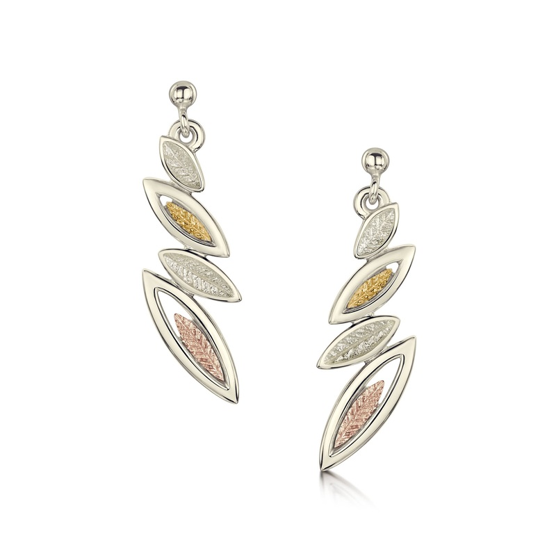 Seasons 4-leaf Drop Earrings in 9ct White, Yellow & Rose Gold