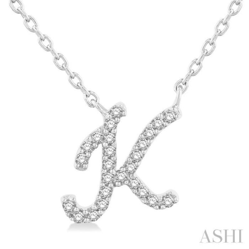 1/20 Ctw Initial ‘K’ Round cut Diamond Pendant With Chain in 10K White Gold