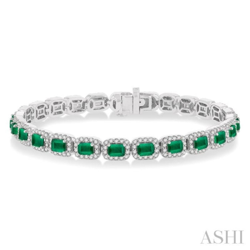 4X3 MM Emerald Cut Emerald and 2 1/5 ctw Round Cut Diamond Halo Precious Bracelet in 14K White Gold