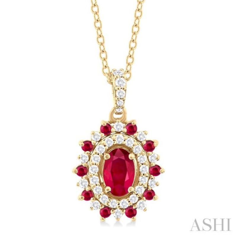 6X4 MM Oval Cut & 1.55 MM Round Cut Ruby and 1/4 ctw Round Cut Diamond Floral Precious Pendant With Chain in 14K Yellow Gold