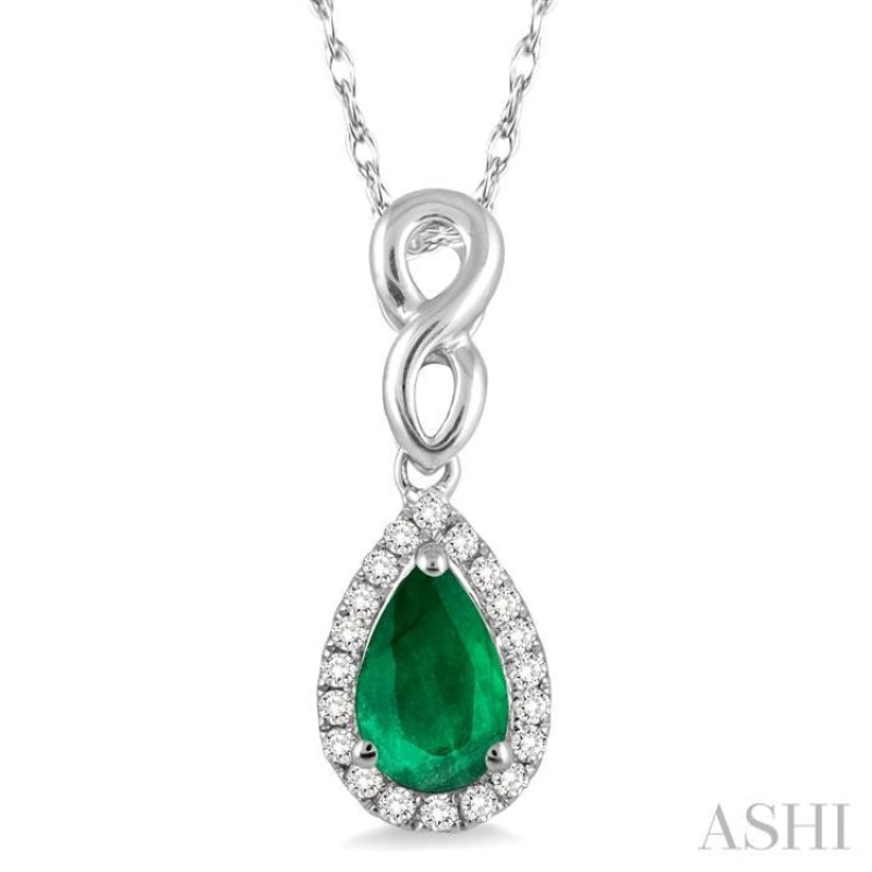 6×4 MM Pear Shape Emerald and 1/10 Ctw Round Cut Diamond Pendant in 10K White Gold with Chain