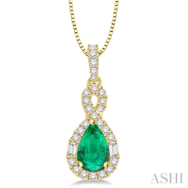 7×5 MM Pear Shape Emerald and 1/3 ctw Diamond Precious Pendant in 14K Yellow Gold with Chain