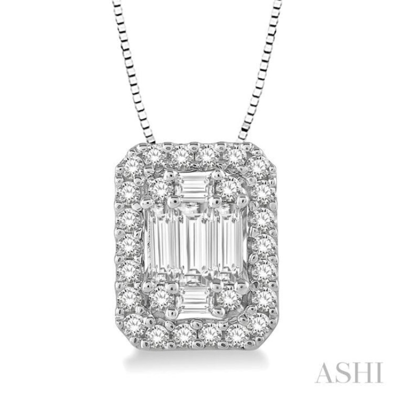 3/8 ctw Octagonal Baguette & Round Cut Diamond Pendant With Box Chain in 14K White Gold