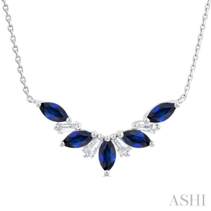 5×2.5 MM Marquise Cut Sapphire and 1/6 ctw Baguette Cut Diamond Precious Gemstone Necklace in 14K White Gold