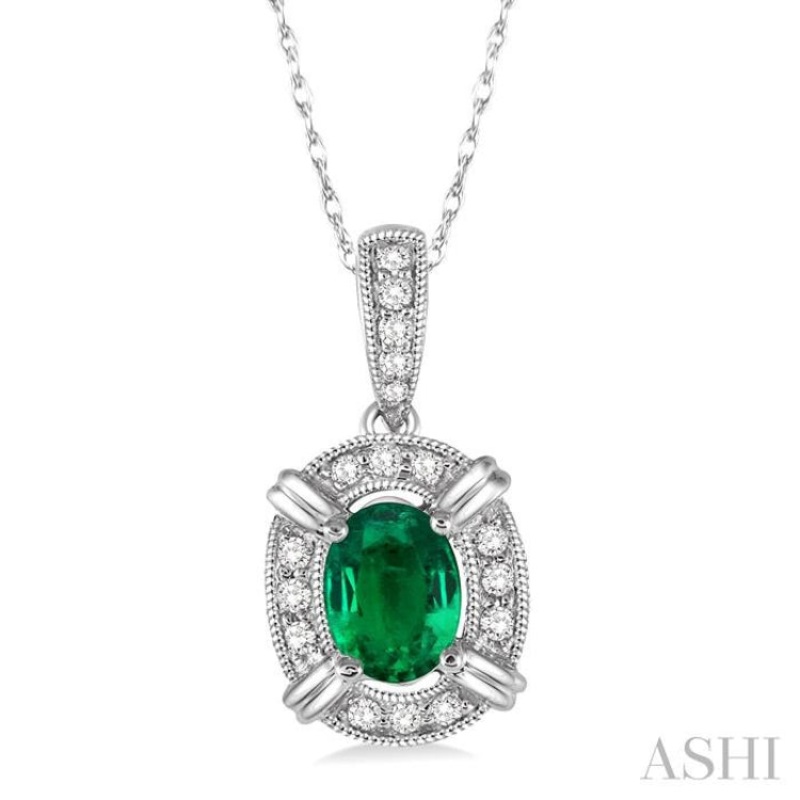 6×4 MM Oval Cut Emerald and 1/10 Ctw Single Cut Diamond Pendant in 14K White Gold with Chain