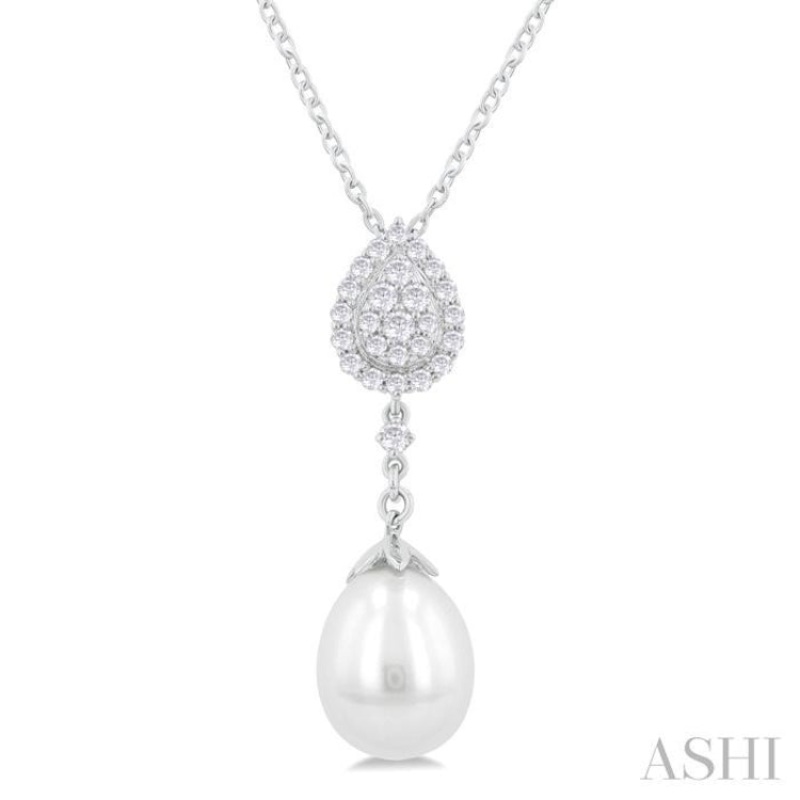 9X7 MM Pear Shape Mount Cultured Pearl Drop and 1/5 ctw Round Cut Diamond Fashion Pendant With Chain in 14K White Gold