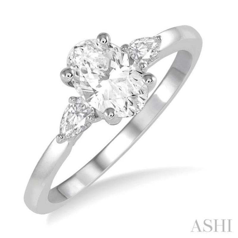 3/4 ctw Pear and Oval Cut Diamond Ladies Engagement Ring With 1/2 ct Oval Cut Center Stone in 14K White Gold