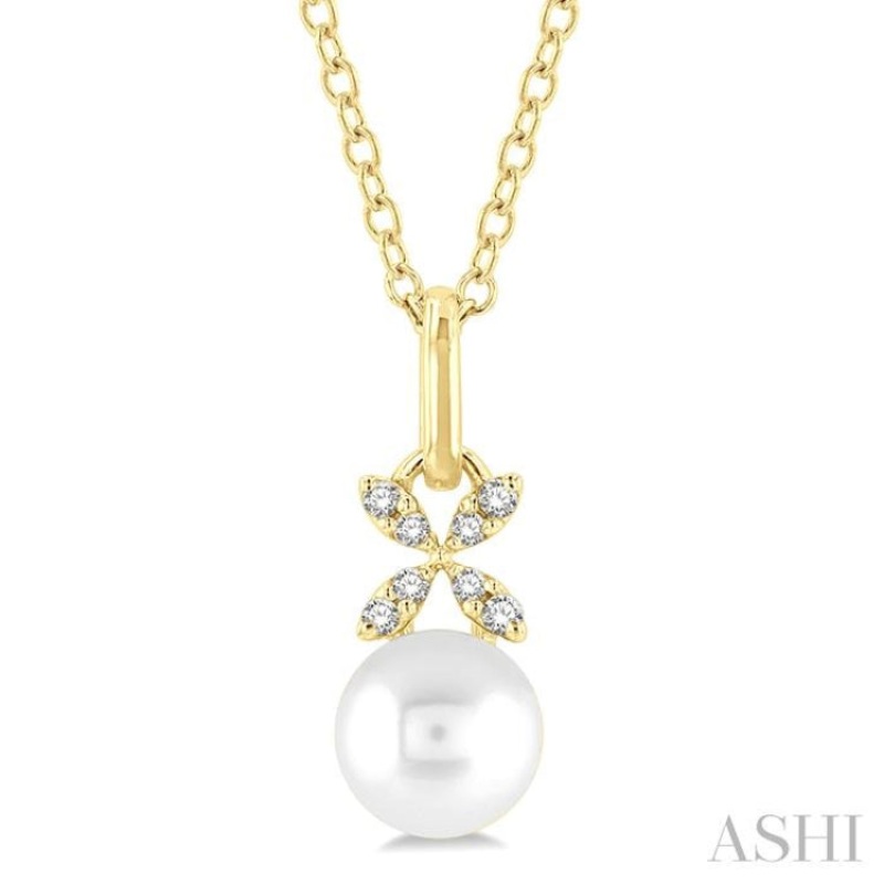 6 MM Round Shape Cultured Pearl and 1/50 ctw Petite Floral Round Cut Diamond Fashion Pendant With Chain in 10K Yellow Gold