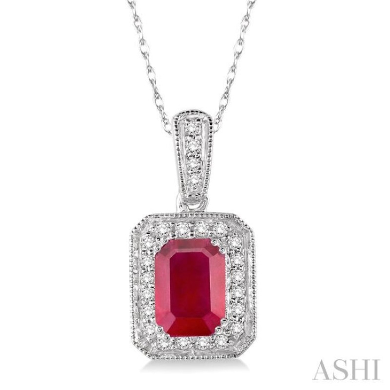 6×4 mm Emerald Cut Ruby and 1/5 Ctw Round Cut Diamond Pendant in 14K White Gold with Chain