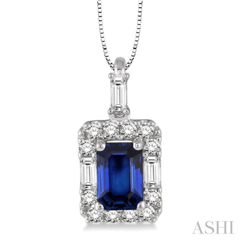 6×4 MM Octagon Cut Sapphire and 1/3 Ctw Round Cut Diamond Pendant in 14K White Gold with Chain