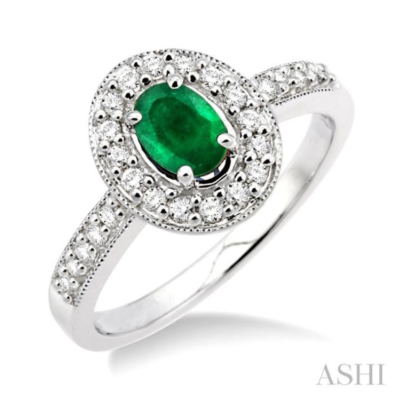 6×4 MM Oval Cut Emerald and 1/4 ctw Round Cut Diamond Ring in 14K White Gold