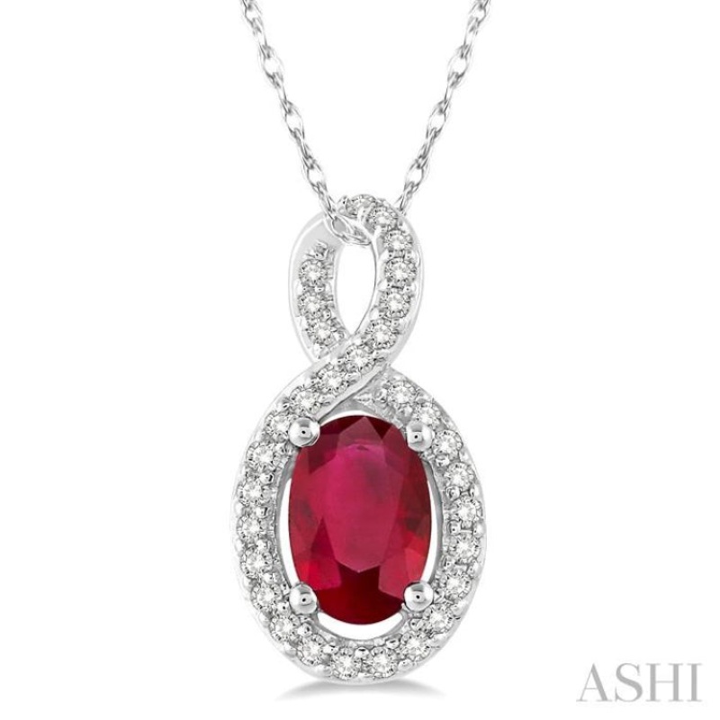 6×4 MM Oval Cut Ruby and 1/10 ctw Round Cut Diamond Pendant in 14K White Gold with Chain
