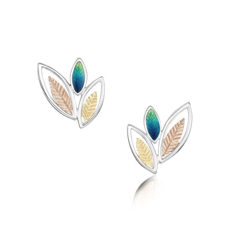 Seasons Gold Leaves 3-leaf Stud Earrings in Spring Enamel