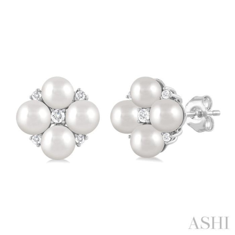 4 MM Round Shape Floral Cultured Pearls and 1/10 ctw Round Cut Diamond Fashion Stud Earring in 10K White Gold