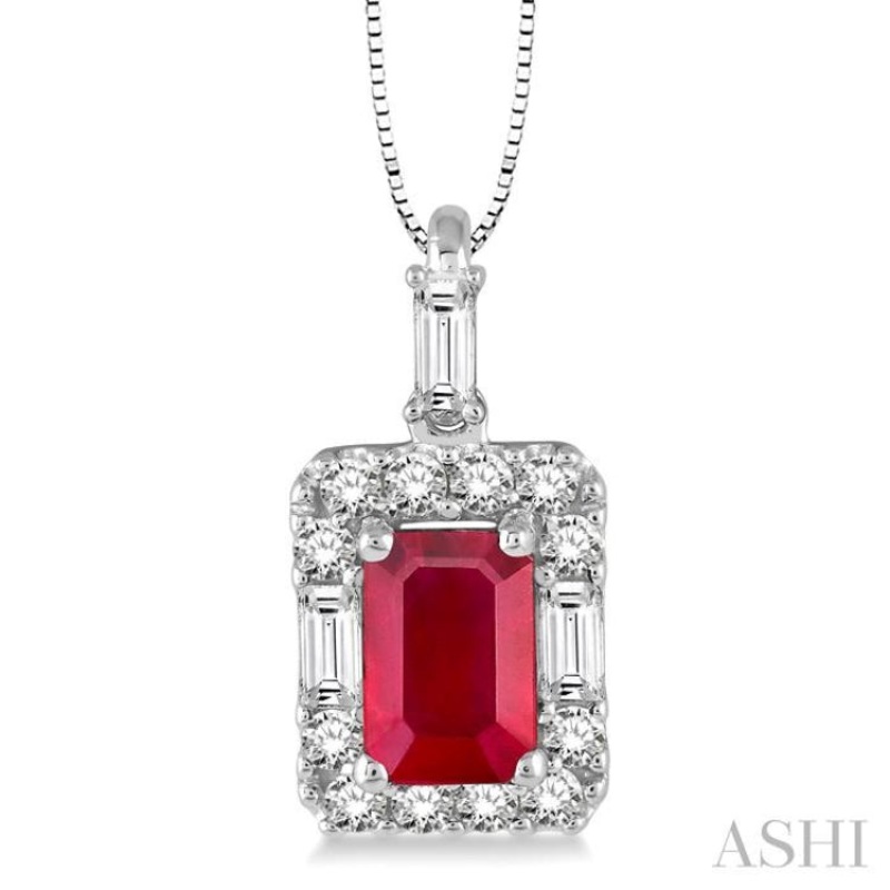 6×4 MM Octagon Cut Ruby and 1/3 ctw Round Cut Diamond Precious Pendant in 14K White Gold with Chain