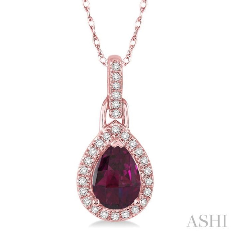 7×5 MM Pear Shape Rhodolite Garnet and 1/10 Ctw Round Cut Diamond Pendant in 10K Rose Gold with Chain