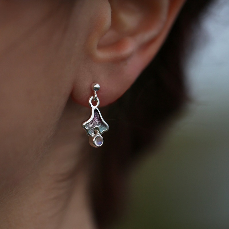 Sea Moss Moonstone Small Drop Earrings in Sea Pink Enamel