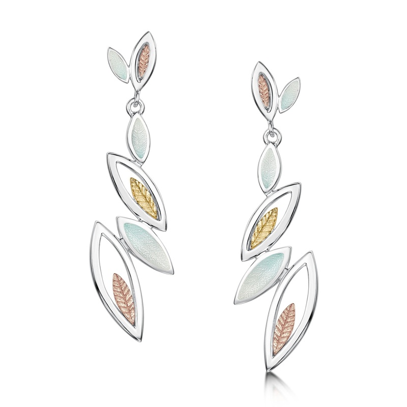 Seasons Gold Leaves 6-leaf Dress Drop Earrings in Winter Enamel
