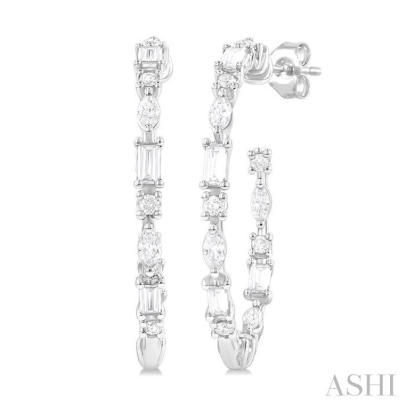 1 1/6 ctw Inside & Outside Mixed Diamond Cut Fashion Open Hoop Earrings in 14K White Gold