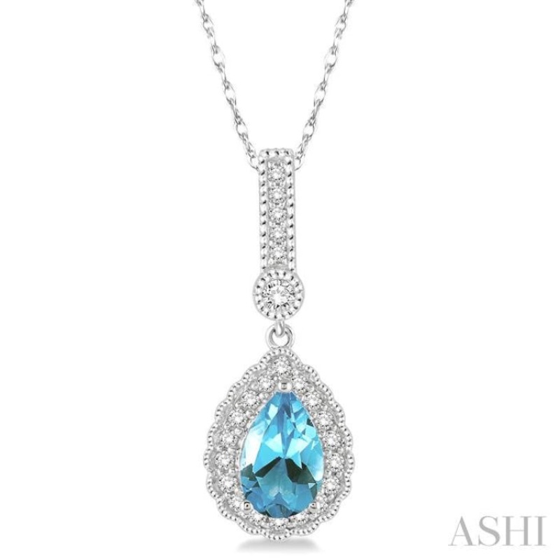 7×5 Pear Shape Aquamarine and 1/5 Ctw Round Cut Diamond Pendant in 14K White Gold with Chain